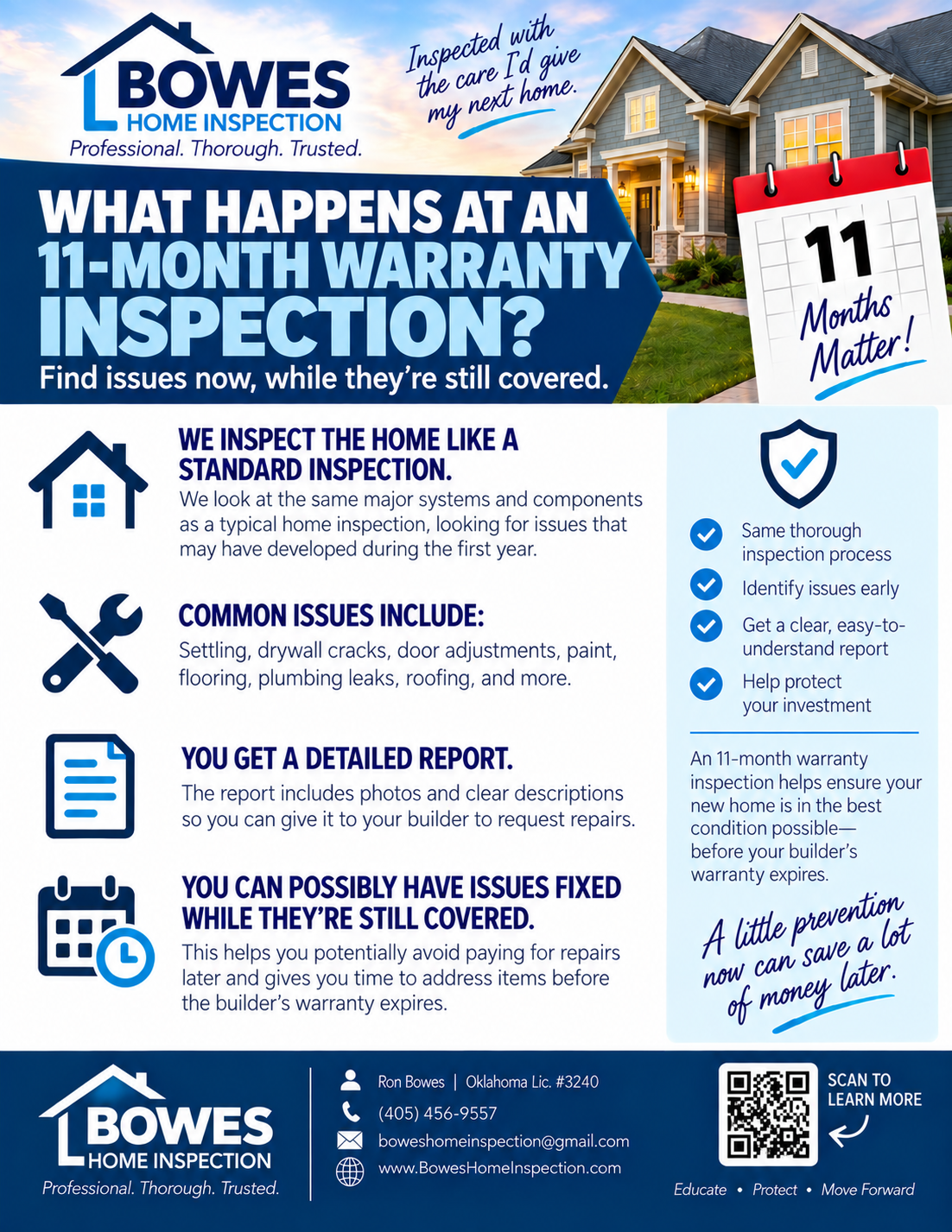 Bowes Home Inspection guide explaining an 11-month new-home warranty inspection