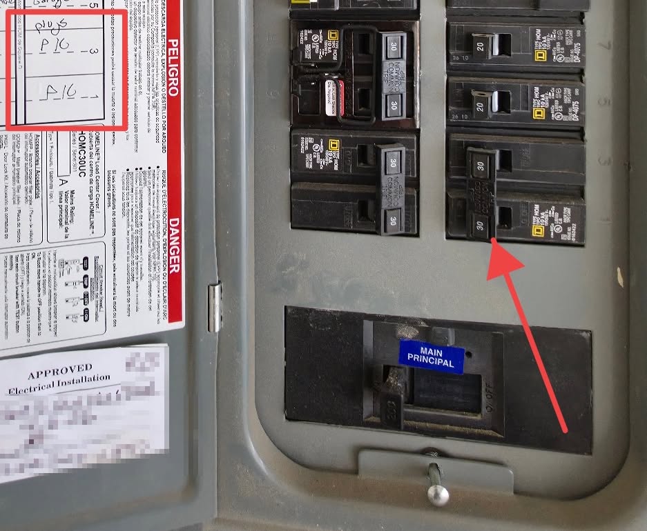 Thirty-amp circuit breaker serving HVAC equipment rated for a maximum 25-amp breaker