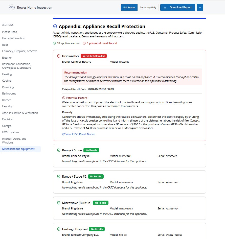 Sample home inspection report showing appliance recall-check results