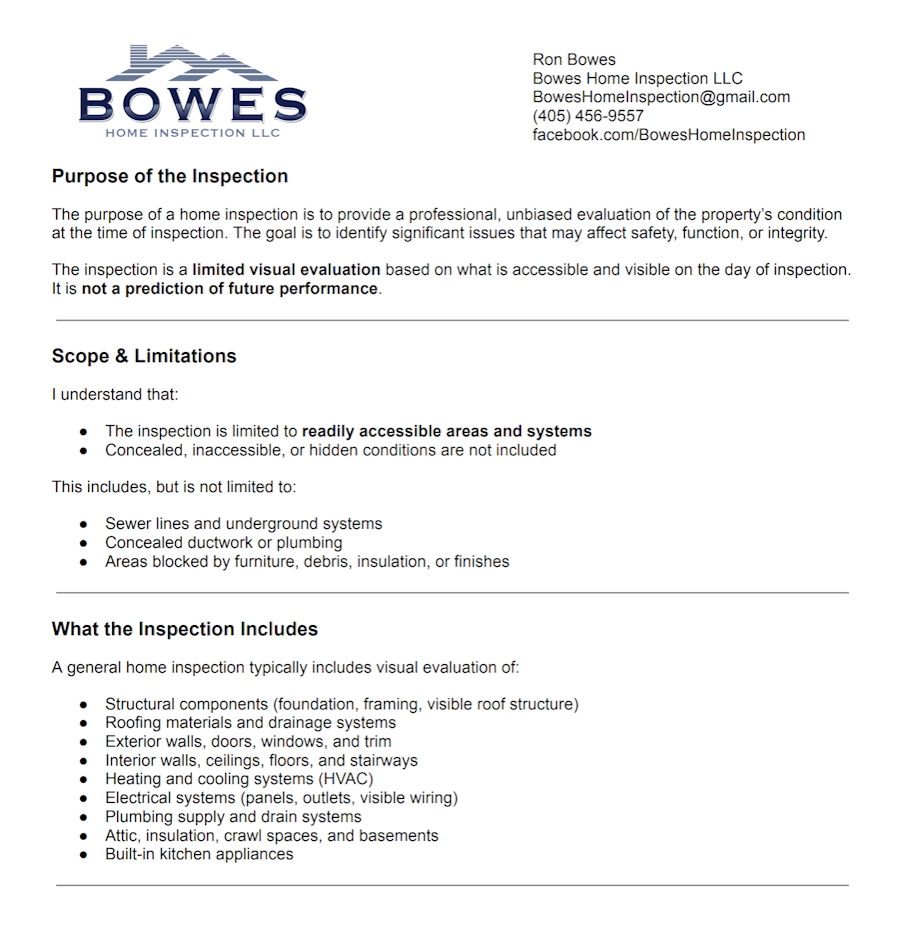 Bowes Home Inspection agreement explaining the inspection’s purpose, scope, and limitations