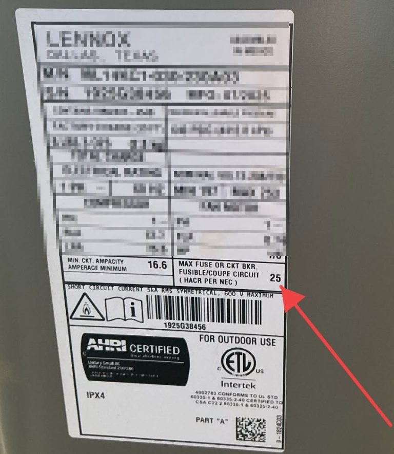HVAC data plate showing a maximum fuse or circuit-breaker rating of 25 amps
