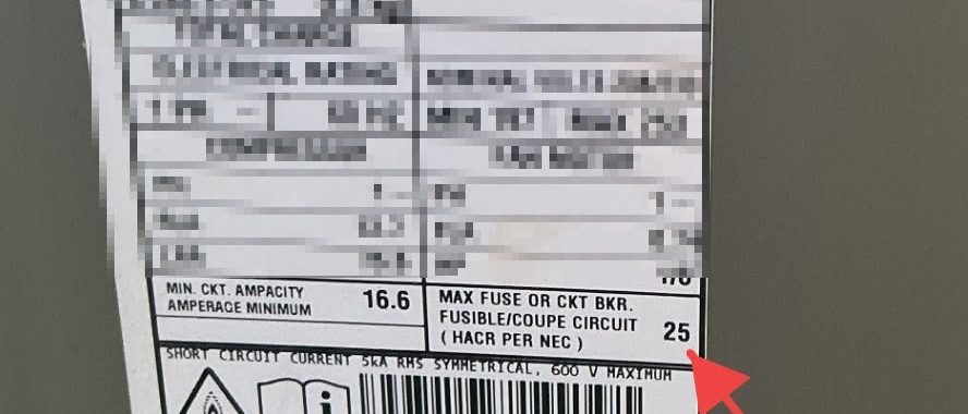 HVAC data plate showing a maximum fuse or circuit-breaker rating of 25 amps