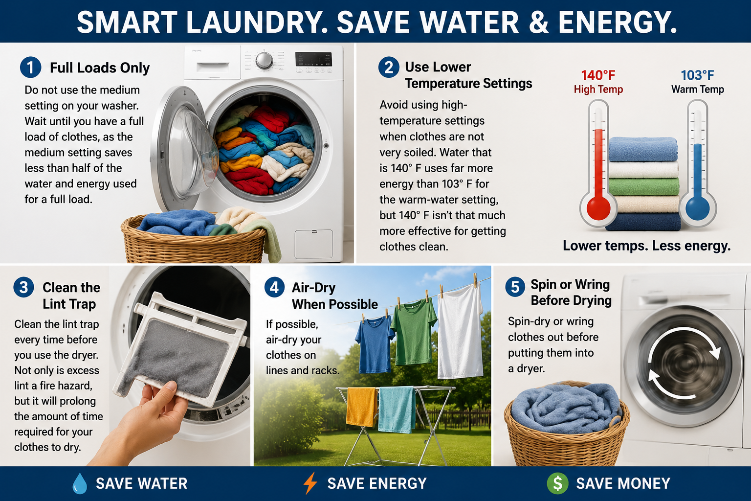Laundry guide explaining ways to save water, energy, and money