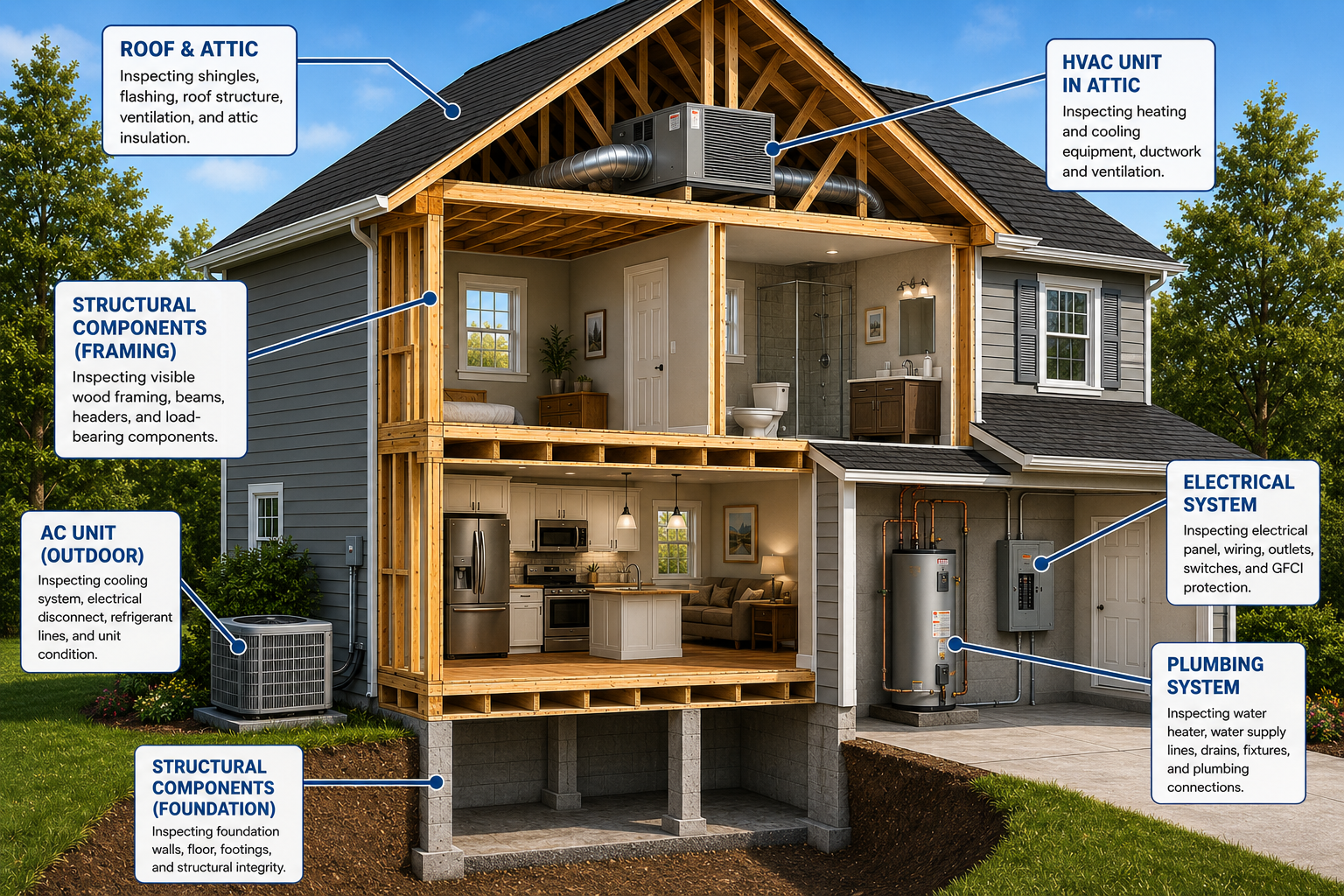 Cutaway house showing major systems and components evaluated during a home inspection