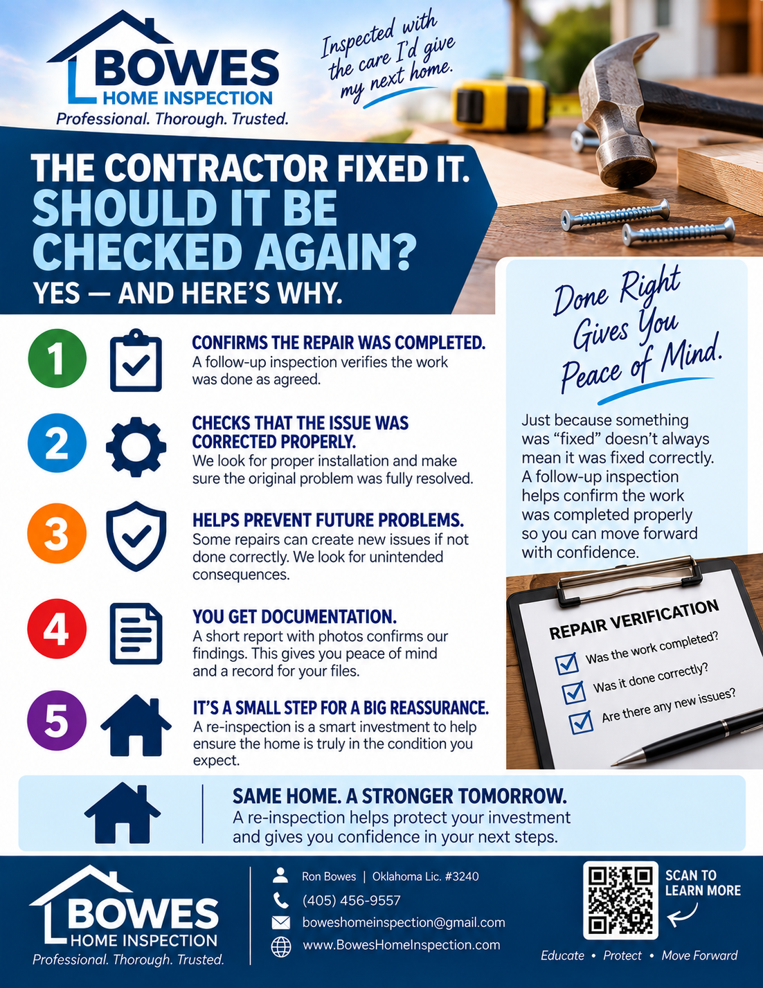Bowes Home Inspection guide explaining why contractor repairs should be reinspected