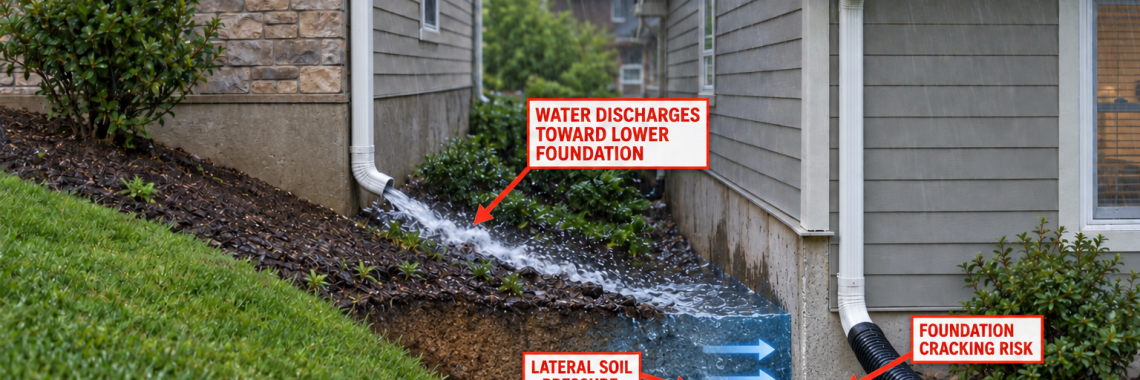 Rainwater from an uphill home draining toward the foundation of a lower home