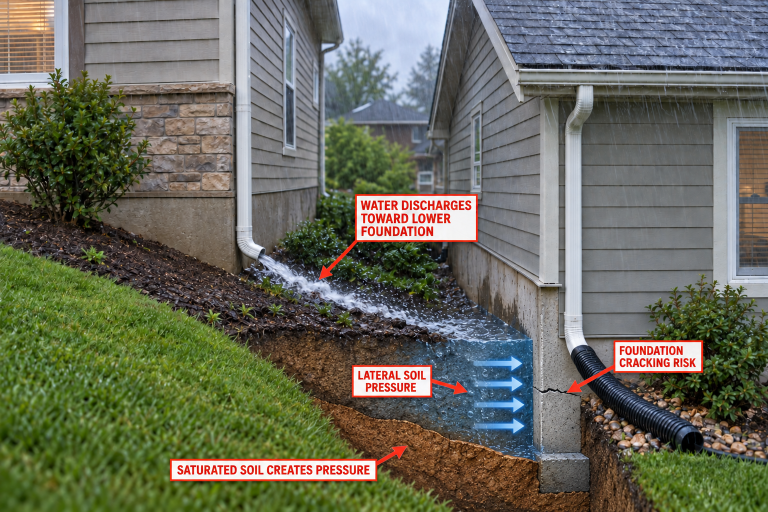 Rainwater from an uphill home draining toward the foundation of a lower home