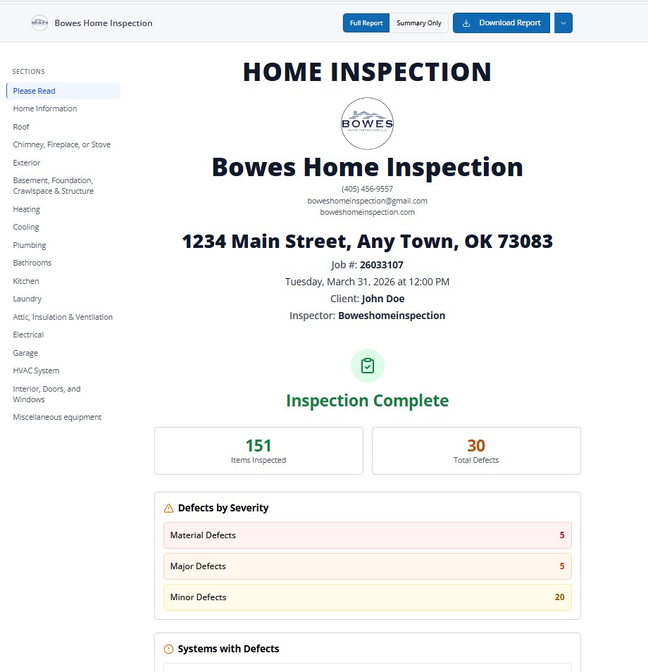Sample Bowes Home Inspection digital report showing inspected items and defects by severity