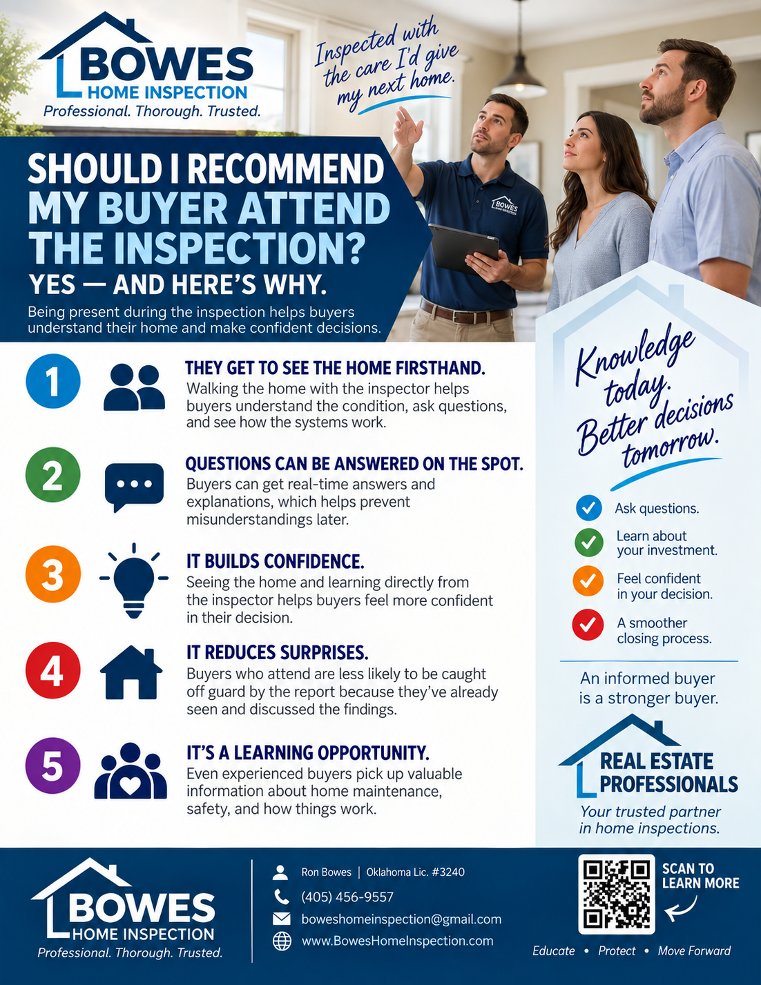 Home inspector walking buyers through inspection findings inside a house