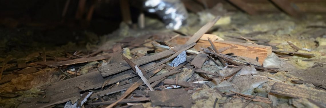 Broken wood pieces and construction debris scattered over attic insulation