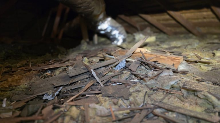 Broken wood pieces and construction debris scattered over attic insulation